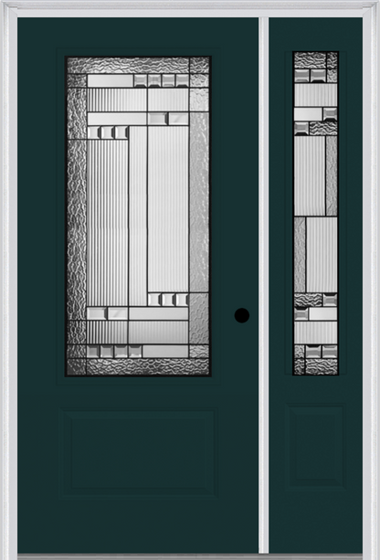 MMI 3/4 Lite 1 Panel 6'8" Fiberglass Smooth Metro Patina Exterior Prehung Door With 1 Metro Patina 3/4 Lite Decorative Glass Sidelight 608