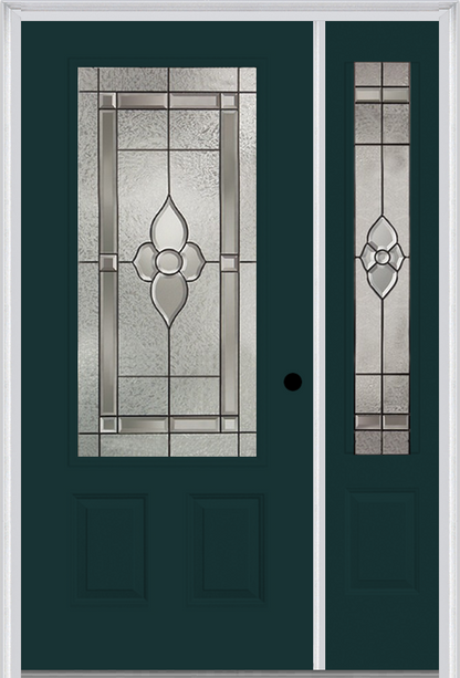 MMI 3/4 Lite 2 Panel 6'8" Fiberglass Smooth Nouveau Brass, Nouveau Nickel, Or Nouveau Patina Exterior Prehung Door With 1 Nouveau Brass/Nickel/Patina 3/4 Lite Decorative Glass Sidelight 607