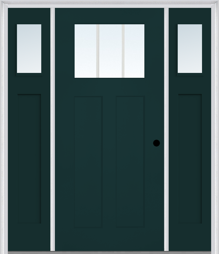 MMI Craftsman 2 Panel Shaker 3'0" X 6'8" Fiberglass Smooth Low-E Glass Exterior Prehung Door With 2 Clear Or SDL 1/4 Craftsman Lite Glass Sidelights 866, 867 SDL, Or 868 SDL