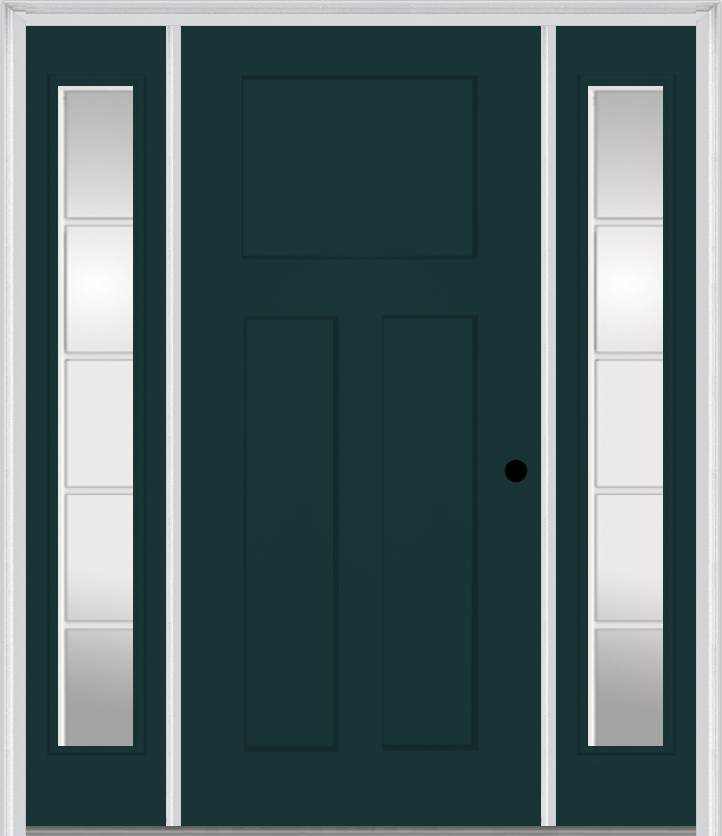 MMI Craftsman 3 Panel Shaker 3'0" X 6'8" Fiberglass Smooth Exterior Prehung Door With 2 Full Lite SDL Grilles Clear Glass Sidelights 30