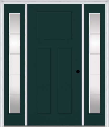 MMI Craftsman 3 Panel Shaker 3'0" X 6'8" Fiberglass Smooth Exterior Prehung Door With 2 Full Lite SDL Grilles Clear Glass Sidelights 30