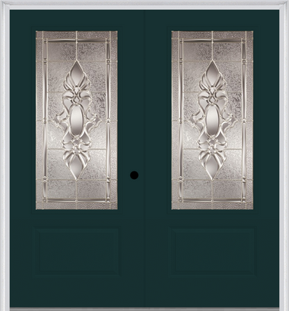 MMI TWIN/DOUBLE 3/4 LITE 1 PANEL 6'0" X 6'8" FIBERGLASS SMOOTH HEIRLOOMS BRASS OR HEIRLOOMS SATIN NICKEL DECORATIVE GLASS EXTERIOR PREHUNG DOOR 608