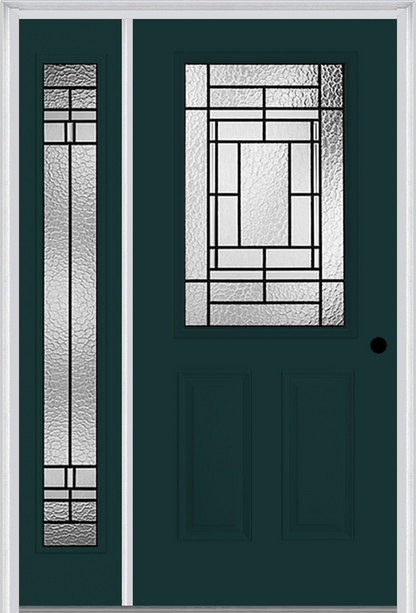 MMI 1/2 Lite 2 Panel 6'8" Fiberglass Smooth Pembrook Patina Exterior Prehung Door With 1 Full Lite Pembrook Patina Decorative Glass Sidelight 684