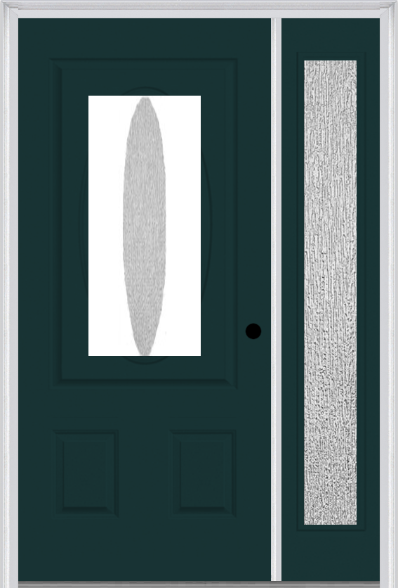 MMI SMALL OVAL 2 PANEL 3'0" X 6'8" RAIN LOW-E FIBERGLASS SMOOTH EXTERIOR PREHUNG DOOR WITH 1 FULL LITE RAIN LOW-E GLASS SIDELIGHT 949