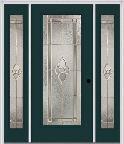 MMI Full Lite 6'8" Fiberglass Smooth Nouveau Nickel Or Nouveau Patina Exterior Prehung Door With 2 Full Lite Nouveau Brass, Nickel, Or Patina Decorative Glass Sidelights 686