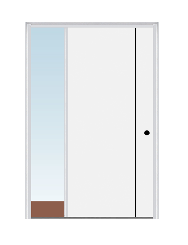 MMI DECORATIVE FLUSH 3'0" X 6'8" FIBERGLASS SMOOTH FINGER JOINTED PRIMED EXTERIOR PREHUNG DOOR WITH 1 DIRECT SET SIDELIGHT