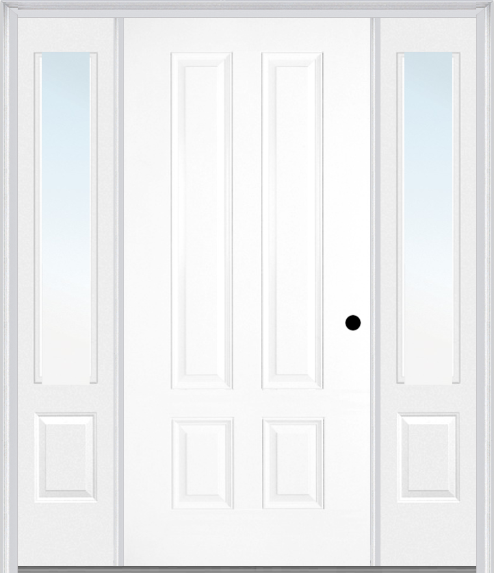 MMI LONGTOP 4 PANEL 3'0" X 6'8" FIBERGLASS SMOOTH EXTERIOR PREHUNG DOOR WITH 2 CLEAR 3/4 LITE GLASS SIDELIGHTS 140