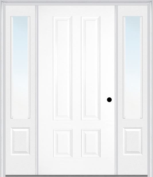 MMI LONGTOP 4 PANEL 3'0" X 6'8" FIBERGLASS SMOOTH EXTERIOR PREHUNG DOOR WITH 2 CLEAR 3/4 LITE GLASS SIDELIGHTS 140