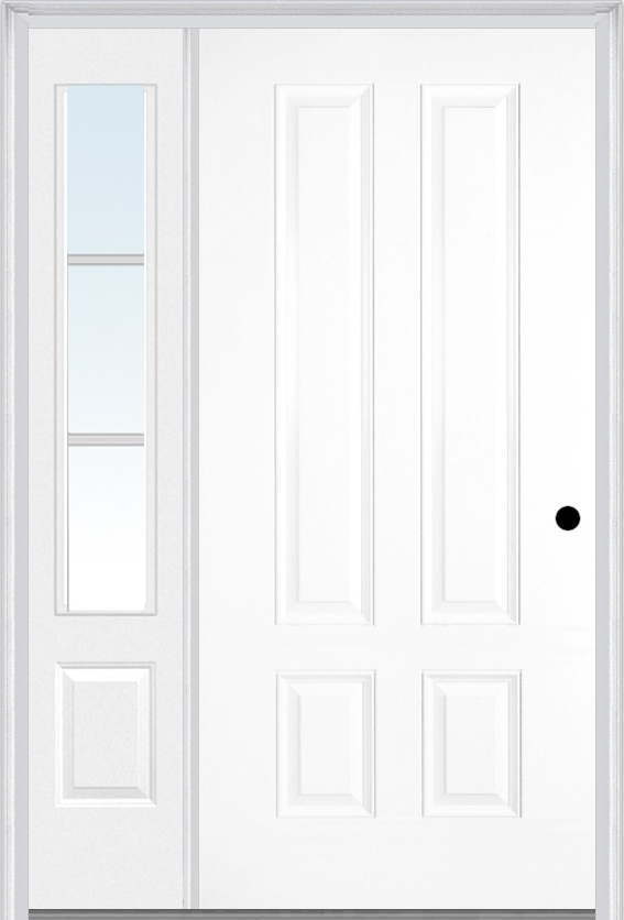 MMI LONGTOP 4 PANEL 3'0" X 6'8" FIBERGLASS SMOOTH EXTERIOR PREHUNG DOOR WITH 1 LOW-E SDL GRILLES 3/4 LITE GLASS SIDELIGHT 140