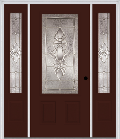 MMI 3/4 Lite 2 Panel 6'8" Fiberglass Smooth Heirlooms Brass Or Heirlooms Satin Nickel Exterior Prehung Door With 2 Heirlooms Brass/Satin Nickel 3/4 Lite Decorative Glass Sidelights 607