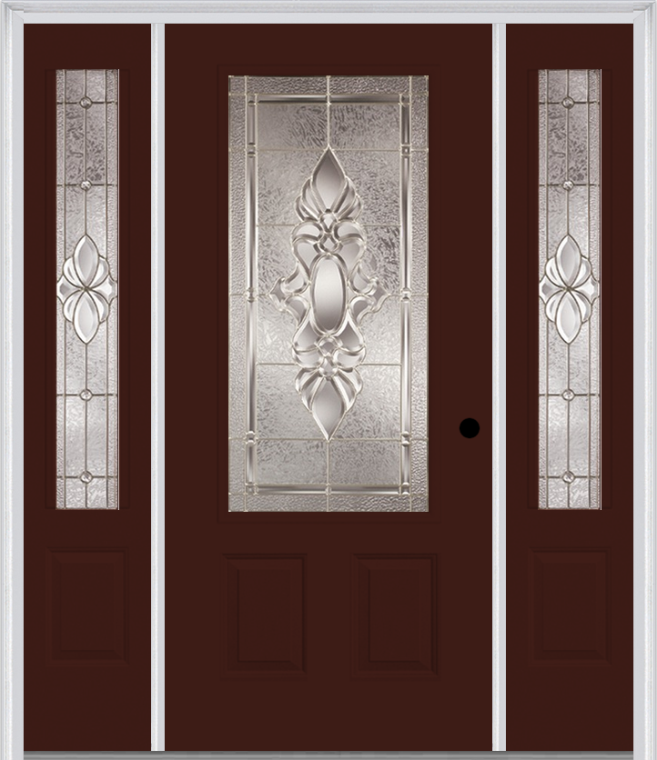 MMI 3/4 Lite 2 Panel 6'8" Fiberglass Smooth Heirlooms Brass Or Heirlooms Satin Nickel Exterior Prehung Door With 2 Heirlooms Brass/Satin Nickel 3/4 Lite Decorative Glass Sidelights 607