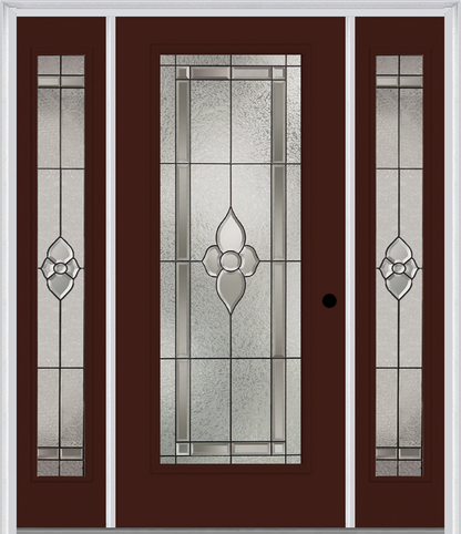 MMI Full Lite 6'8" Fiberglass Smooth Nouveau Nickel Or Nouveau Patina Exterior Prehung Door With 2 Full Lite Nouveau Brass, Nickel, Or Patina Decorative Glass Sidelights 686