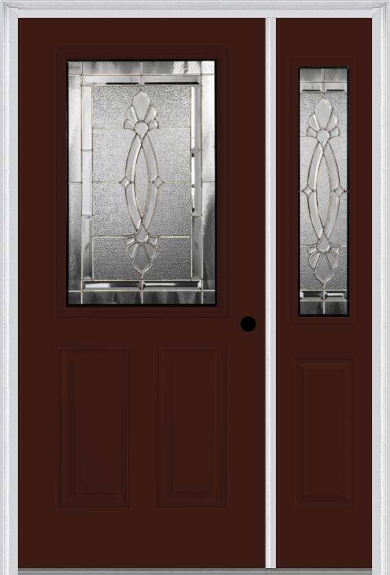 MMI 1/2 Lite 2 Panel 6'8" Fiberglass Smooth Belaire Zinc Exterior Prehung Door With 1 Half Lite Belaire Zinc Decorative Glass Sidelight 684