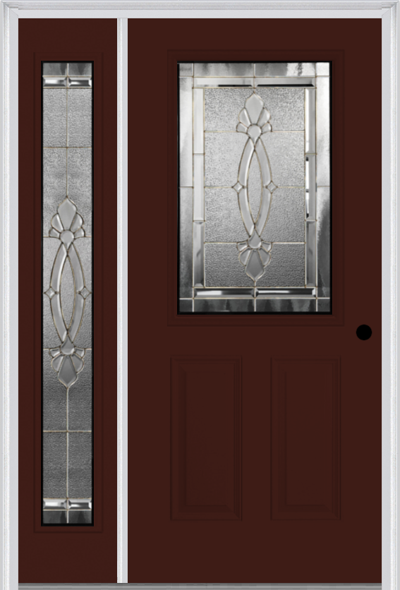MMI 1/2 Lite 2 Panel 6'8" Fiberglass Smooth Belaire Zinc Exterior Prehung Door With 1 Full Lite Belaire Zinc Decorative Glass Sidelight 684