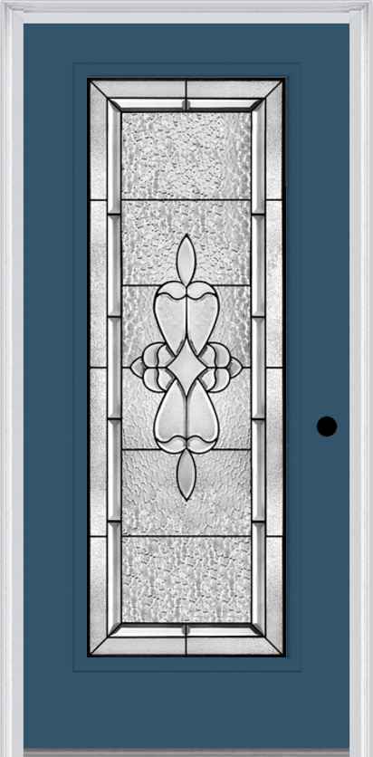 MMI Full Lite 6'8" Fiberglass Smooth Jamestown Patina Decorative Glass Exterior Prehung Door 686
