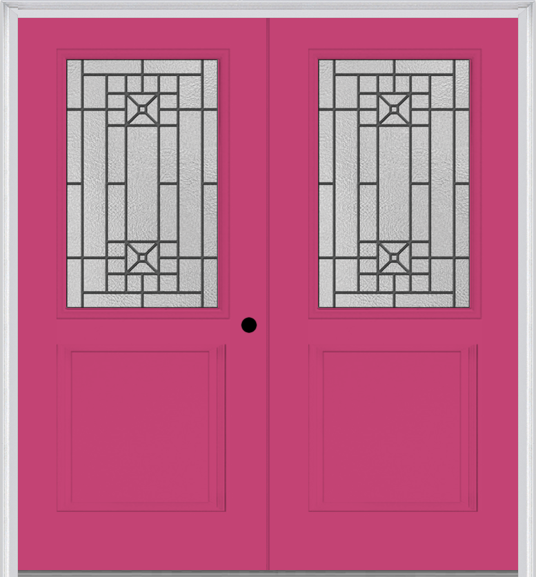 MMI TWIN/DOUBLE 1/2 LITE 1 PANEL 6'8" FIBERGLASS SMOOTH COURTYARD NICKEL VEIN WROUGHT IRON DECORATIVE GLASS EXTERIOR PREHUNG DOOR 682