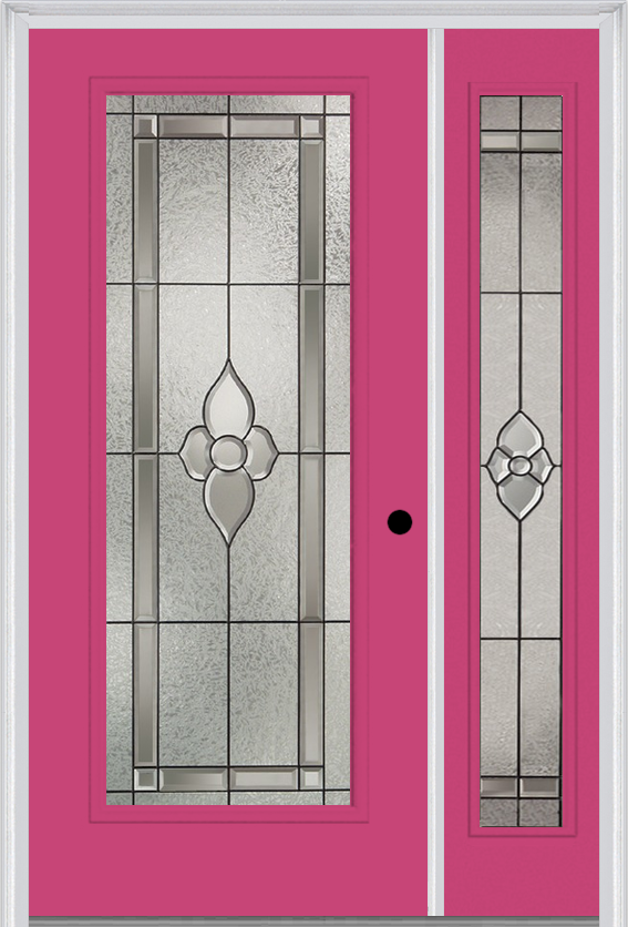 MMI Full Lite 3'0" X 6'8" Fiberglass Smooth Nouveau Nickel Or Nouveau Patina Exterior Prehung Door With 1 Full Lite Nouveau Brass, Nickel, Or Patina Decorative Glass Sidelight 686