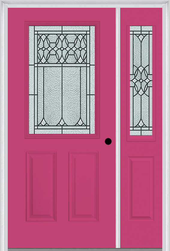 MMI 1/2 Lite 2 Panel 6'8" Fiberglass Smooth Selwyn Patina Exterior Prehung Door With 1 Half Lite Selwyn Patina Decorative Glass Sidelight 684