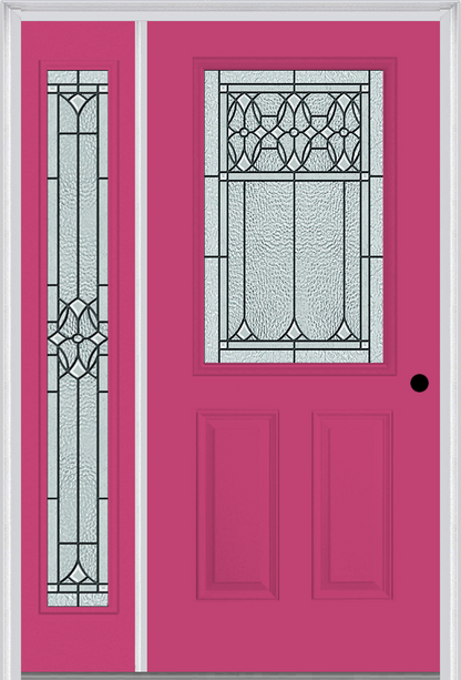 MMI 1/2 Lite 2 Panel 6'8" Fiberglass Smooth Selwyn Patina Exterior Prehung Door With 1 Full Lite Selwyn Patina Decorative Glass Sidelight 684