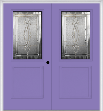 MMI TWIN/DOUBLE 1/2 LITE 1 PANEL 6'8" FIBERGLASS SMOOTH BELAIRE ZINC DECORATIVE GLASS EXTERIOR PREHUNG DOOR 682