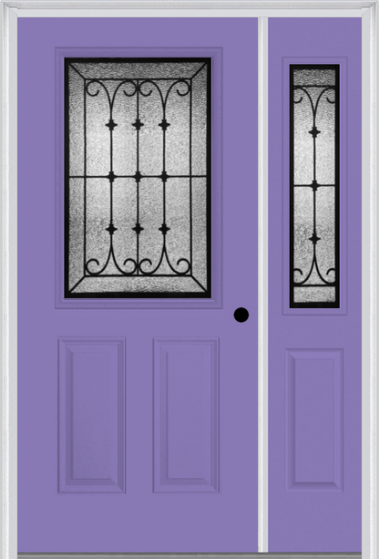 MMI 1/2 Lite 2 Panel 6'8" Fiberglass Smooth Chateau Wrought Iron Exterior Prehung Door With 1 Half Lite Chateau Wrought Iron Decorative Glass Sidelight 684