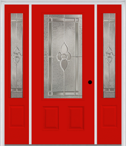 MMI 3/4 Lite 2 Panel 6'8" Fiberglass Smooth Nouveau Nickel Or Nouveau Patina Exterior Prehung Door With 2 Nouveau Brass/Nickel/Patina 3/4 Lite Decorative Glass Sidelights 607