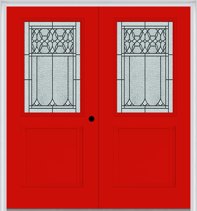 MMI TWIN/DOUBLE 1/2 LITE 1 PANEL 6'8" FIBERGLASS SMOOTH SELWYN PATINA DECORATIVE GLASS EXTERIOR PREHUNG DOOR 682