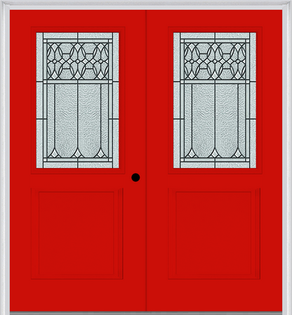 MMI TWIN/DOUBLE 1/2 LITE 1 PANEL 6'8" FIBERGLASS SMOOTH SELWYN PATINA DECORATIVE GLASS EXTERIOR PREHUNG DOOR 682