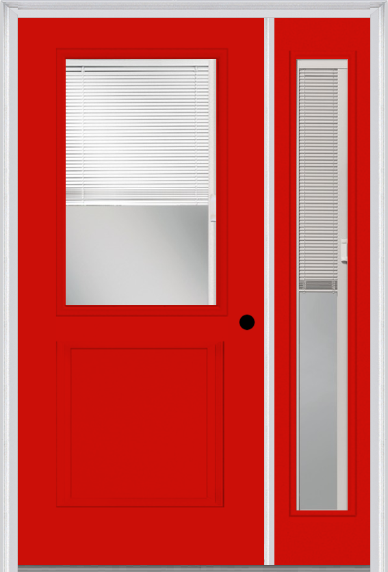 MMI 1/2 Lite 1 Panel Raise/Lower Blinds 3'0" X 6'8" Fiberglass Smooth Exterior Prehung Door With 1 Full Lite Glass Raise/Lower Blinds Sidelight 682 RLB 690 RLB