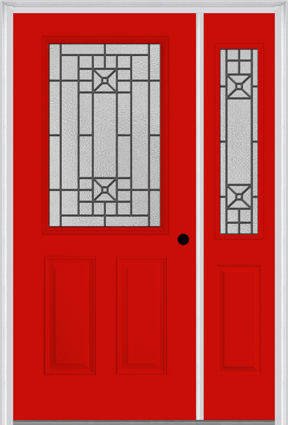 MMI 1/2 Lite 2 Panel 6'8" Fiberglass Smooth Courtyard Nickel Vein Wrought Iron Exterior Prehung Door With 1 Half Lite Courtyard Nickel Vein Wrought Iron Decorative Glass Sidelight 684