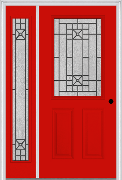 MMI 1/2 Lite 2 Panel 6'8" Fiberglass Smooth Courtyard Nickel Vein Wrought Iron Exterior Prehung Door With 1 Full Lite Courtyard Nickel Vein Wrought Iron Decorative Glass Sidelight 684