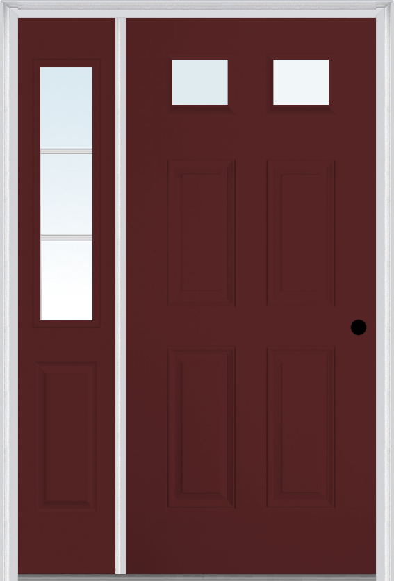 MMI 2-1/4 Lite 4 Panel 3'0" X 6'8" Fiberglass Smooth Exterior Prehung Door With 1 Half Lite SDL Grilles Glass Sidelight 23