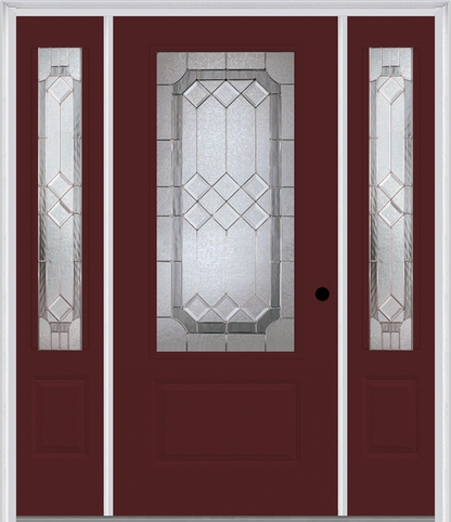 MMI 3/4 Lite 1 Panel 6'8" Fiberglass Smooth Majestic Nickel Exterior Prehung Door With 2 Majestic Nickel 3/4 Lite Decorative Glass Sidelights 608