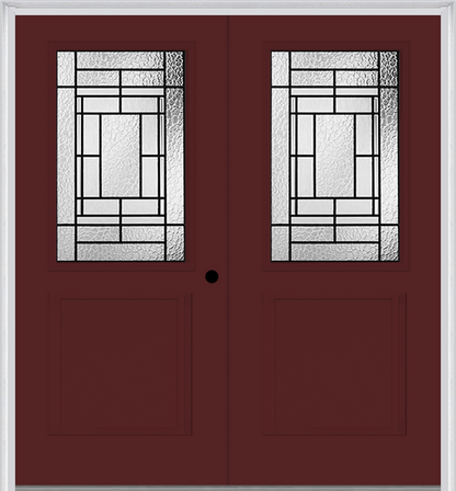 MMI TWIN/DOUBLE 1/2 LITE 1 PANEL 6'8" FIBERGLASS SMOOTH PEMBROOK PATINA DECORATIVE GLASS EXTERIOR PREHUNG DOOR 682