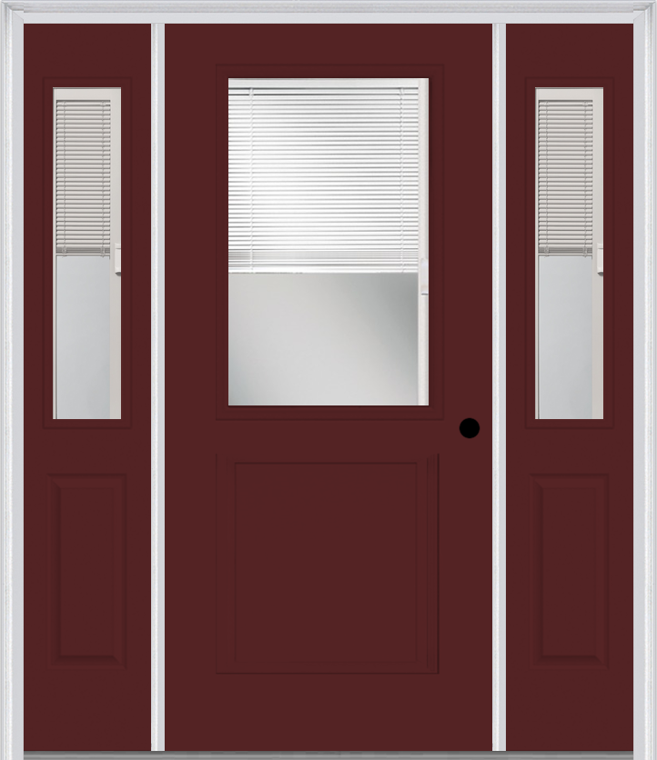 MMI 1/2 Lite 1 Panel Raise/Lower Blinds 3'0" X 6'8" Fiberglass Smooth Exterior Prehung Door With 2 Half Lite Glass Raise/Lower Blinds Sidelights 682 RLB 692 RLB