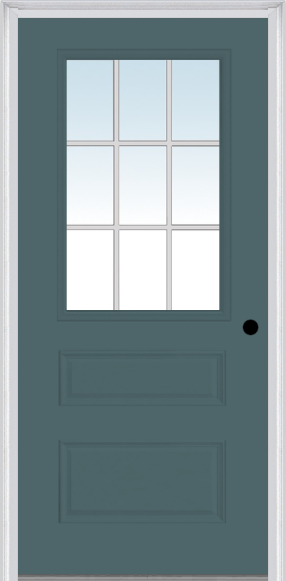 MMI 1/2 Lite Horizontal 2 Panel 3'0" X 6'8" Fiberglass Smooth White Grilles Between Glass Exterior Prehung Door 631 GBG