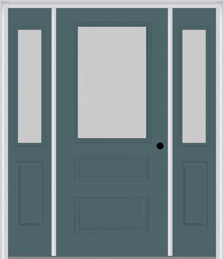 MMI 1/2 Lite Horizontal 2 Panel 3'0" X 6'8" Fiberglass Smooth Textured/Privacy Glass Exterior Prehung Door With 2 Half Lite Textured/Privacy Glass Sidelights 631
