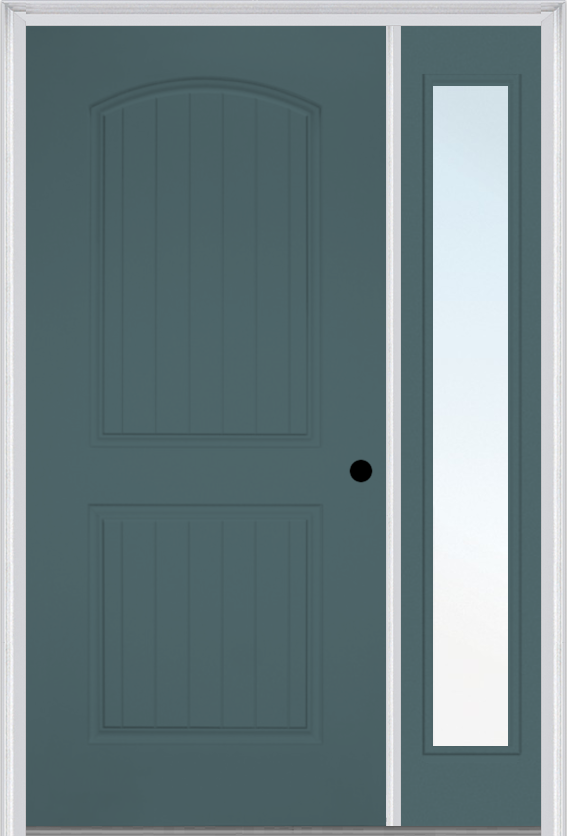 MMI 2 Panel Arch Planked 3'0" X 6'8" Fiberglass Smooth Exterior Prehung Door With 1 Full Lite Clear Or Privacy/Textured Glass Sidelight 200