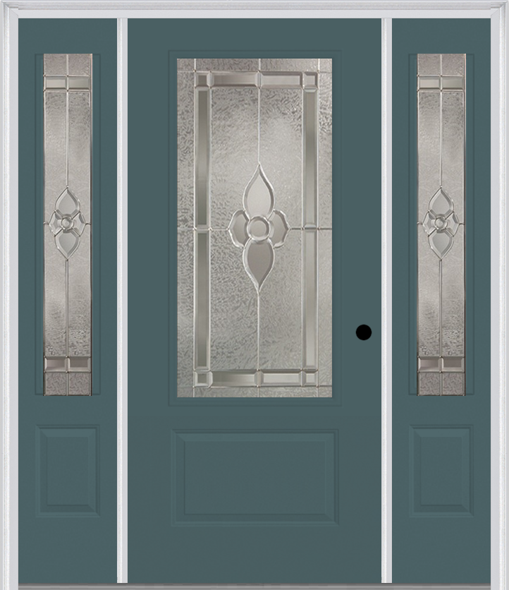 MMI 3/4 Lite 1 Panel 6'8" Fiberglass Smooth Nouveau Nickel Or Nouveau Patina Exterior Prehung Door With 2 Nouveau Brass/Nickel/Patina 3/4 Lite Decorative Glass Sidelights 608