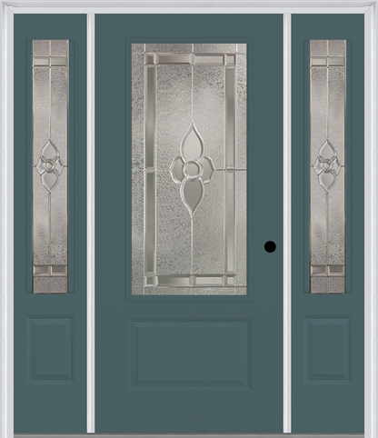 MMI 3/4 Lite 1 Panel 6'8" Fiberglass Smooth Nouveau Nickel Or Nouveau Patina Exterior Prehung Door With 2 Nouveau Brass/Nickel/Patina 3/4 Lite Decorative Glass Sidelights 608