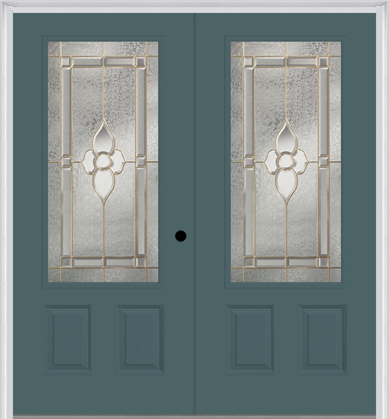 MMI TWIN/DOUBLE 3/4 LITE 2 PANEL 6'0" X 6'8" FIBERGLASS SMOOTH NOUVEAU NICKEL OR NOUVEAU PATINA DECORATIVE GLASS EXTERIOR PREHUNG DOOR 607
