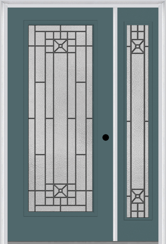 MMI Full Lite 6'8" Fiberglass Smooth Courtyard Nickel Vein Wrought Iron Exterior Prehung Door With 1 Full Lite Courtyard Nickel Vein Wrought Iron Decorative Glass Sidelight 686