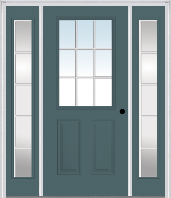 MMI 1/2 Lite 2 Panel External SDL Grilles 3'0" X 6'8" Fiberglass Smooth Exterior Prehung Door With 2 Full Lite Glass SDL Grilles Sidelights 55