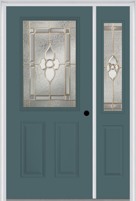 MMI 1/2 Lite 2 Panel 6'8" Fiberglass Smooth Nouveau Nickel Or Nouveau Patina Exterior Prehung Door With 1 Half Lite Nouveau Brass/Nickel/Patina Decorative Glass Sidelight 684