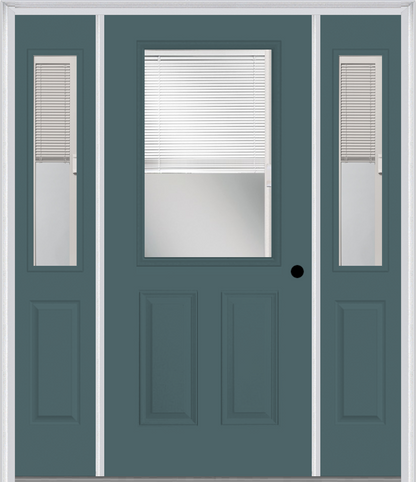 MMI 1/2 Lite 2 Panel Raise/Lower Blinds 3'0" X 6'8" Fiberglass Smooth Exterior Prehung Door With 2 Half Lite Glass Raise/Lower Blinds Sidelights 684 RLB 692 RLB