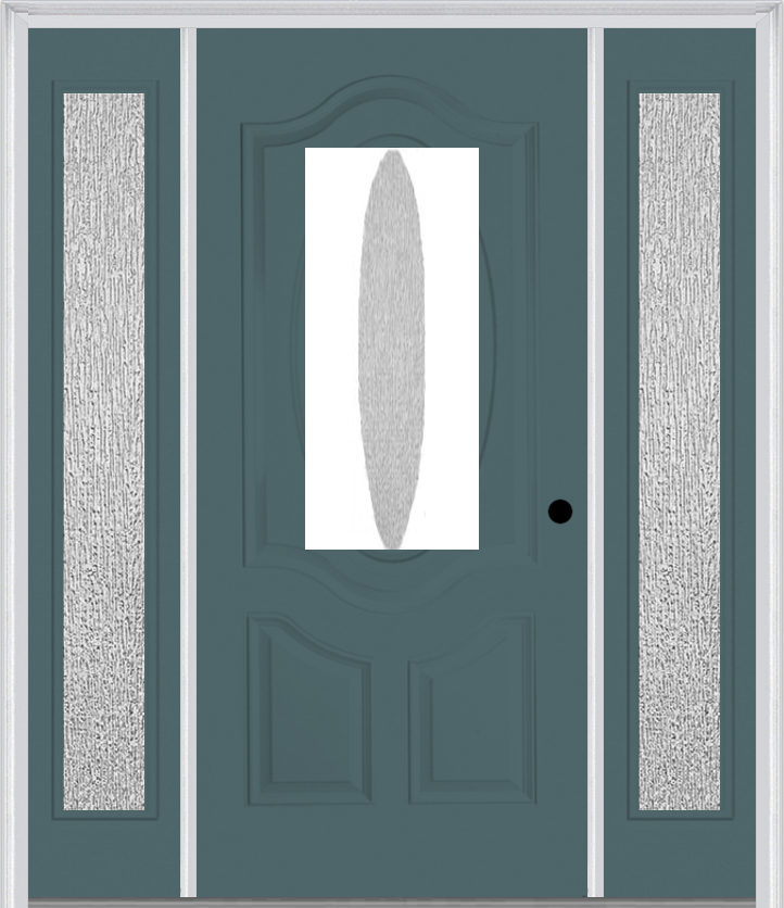 MMI SMALL OVAL 2 PANEL DELUXE 3'0" X 6'8" RAIN LOW-E FIBERGLASS SMOOTH EXTERIOR PREHUNG DOOR WITH 2 FULL LITE RAIN LOW-E GLASS SIDELIGHTS 749