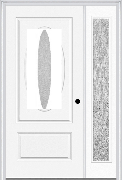 MMI SMALL OVAL 1 PANEL 3'0" X 6'8" RAIN LOW-E FIBERGLASS SMOOTH EXTERIOR PREHUNG DOOR WITH 1 FULL LITE RAIN LOW-E GLASS SIDELIGHT 950