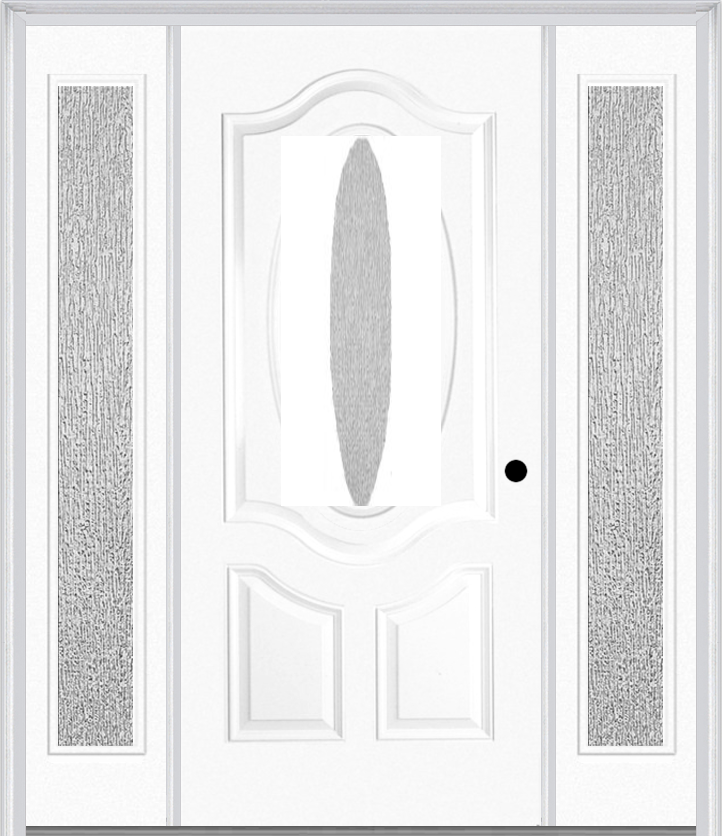 MMI SMALL OVAL 2 PANEL DELUXE 3'0" X 6'8" RAIN LOW-E FIBERGLASS SMOOTH EXTERIOR PREHUNG DOOR WITH 2 FULL LITE RAIN LOW-E GLASS SIDELIGHTS 749