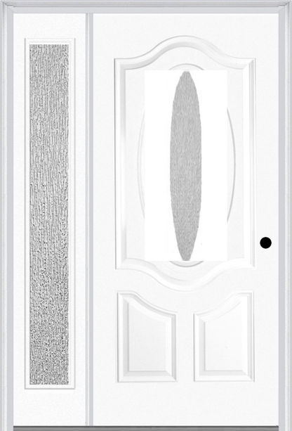 MMI SMALL OVAL 2 PANEL DELUXE 3'0" X 6'8" RAIN LOW-E FIBERGLASS SMOOTH EXTERIOR PREHUNG DOOR WITH 1 FULL LITE RAIN LOW-E GLASS SIDELIGHT 749