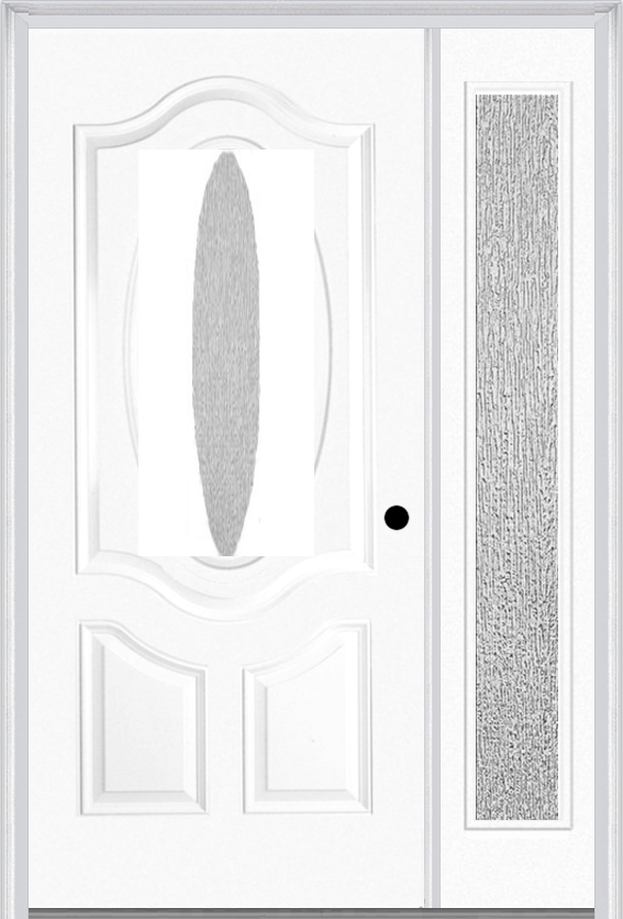MMI SMALL OVAL 2 PANEL DELUXE 3'0" X 6'8" RAIN LOW-E FIBERGLASS SMOOTH EXTERIOR PREHUNG DOOR WITH 1 FULL LITE RAIN LOW-E GLASS SIDELIGHT 749